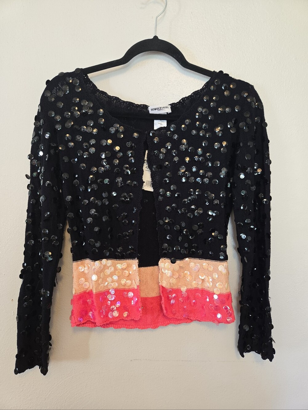 Sonia Rykiel Sequined Colorblock Cardigan Sweater Black Pink Silk 42 US 10 NWT